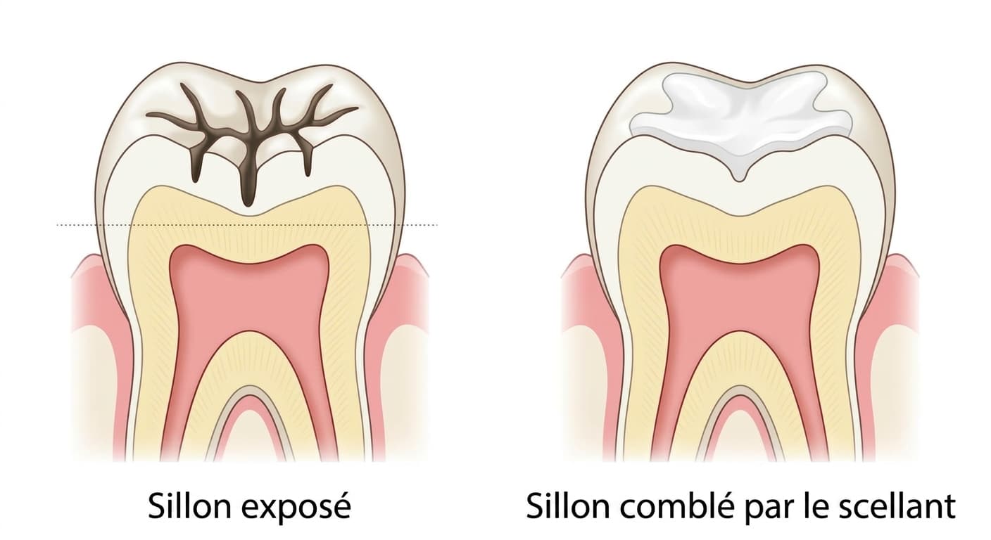 Coupe transversale comparant côte à côte une molaire d'enfant avec le sillon occlusal exposé et une molaire dont le sillon a été comblé par un scellant