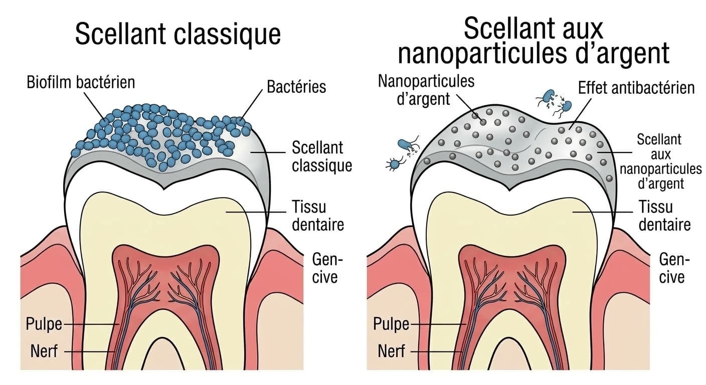 Schéma comparant la surface d'un scellant classique, recouverte d'un biofilm bactérien, à celle d'un scellant aux nanoparticules d'argent où les bactéries sont réduites