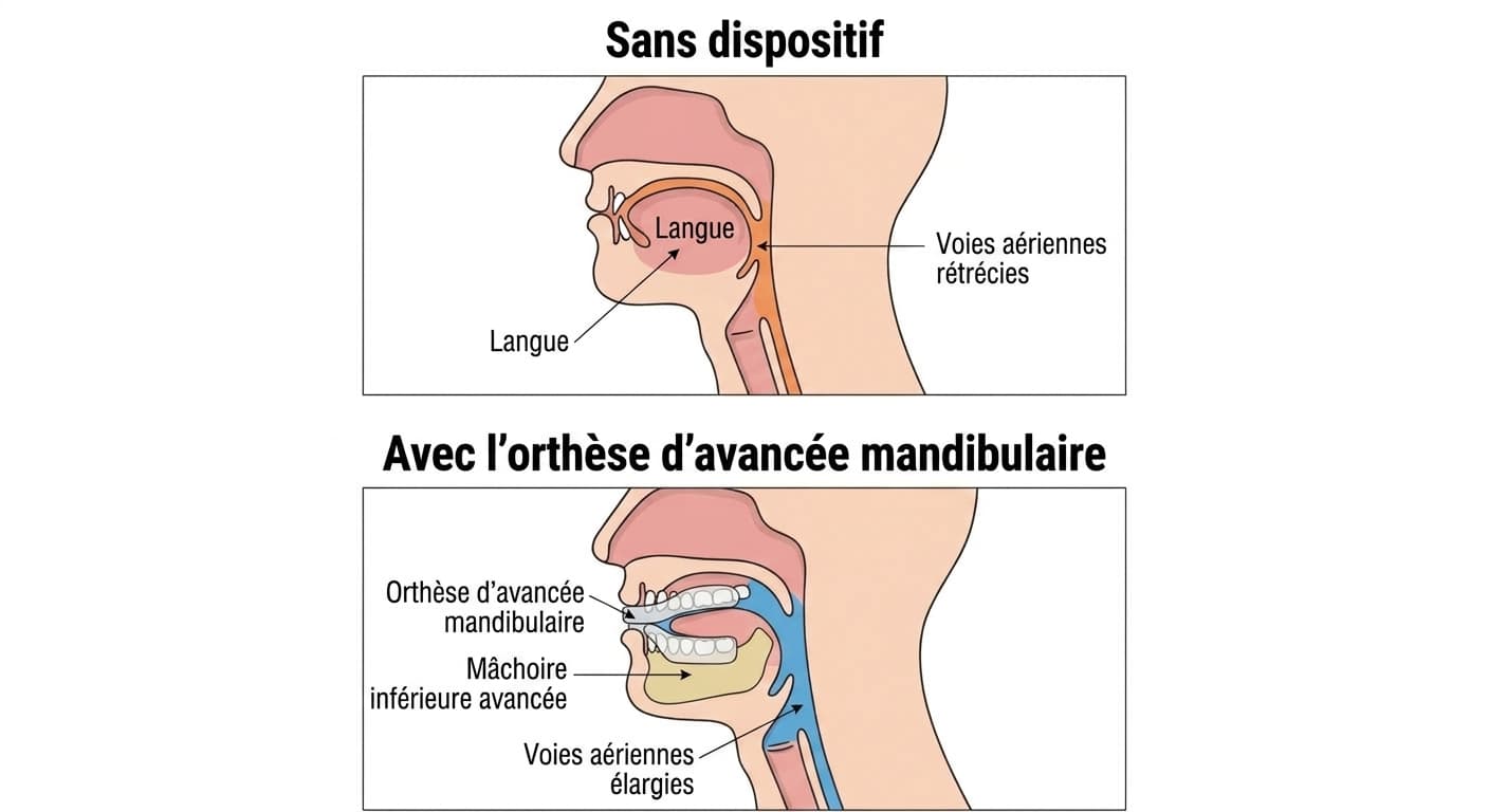 Comparaison, vue de profil, d'une coupe des voies aériennes sans dispositif et avec une orthèse d'avancée mandibulaire portée. Avec le dispositif, la mâchoire inférieure et la langue avancent, ce qui élargit les voies aériennes.