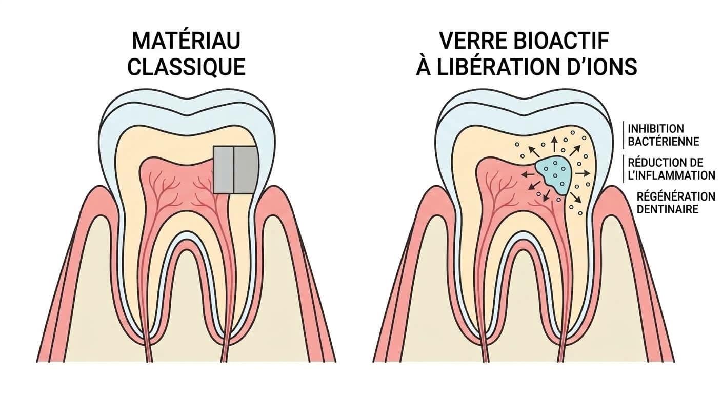 Coupe transversale d'une dent comparant un matériau classique qui se contente de combler la cavité au-dessus de la pulpe exposée, et un verre bioactif à libération d'ions qui diffuse à la fois des signaux d'inhibition bactérienne, de réduction de l'inflammation et de régénération dentinaire