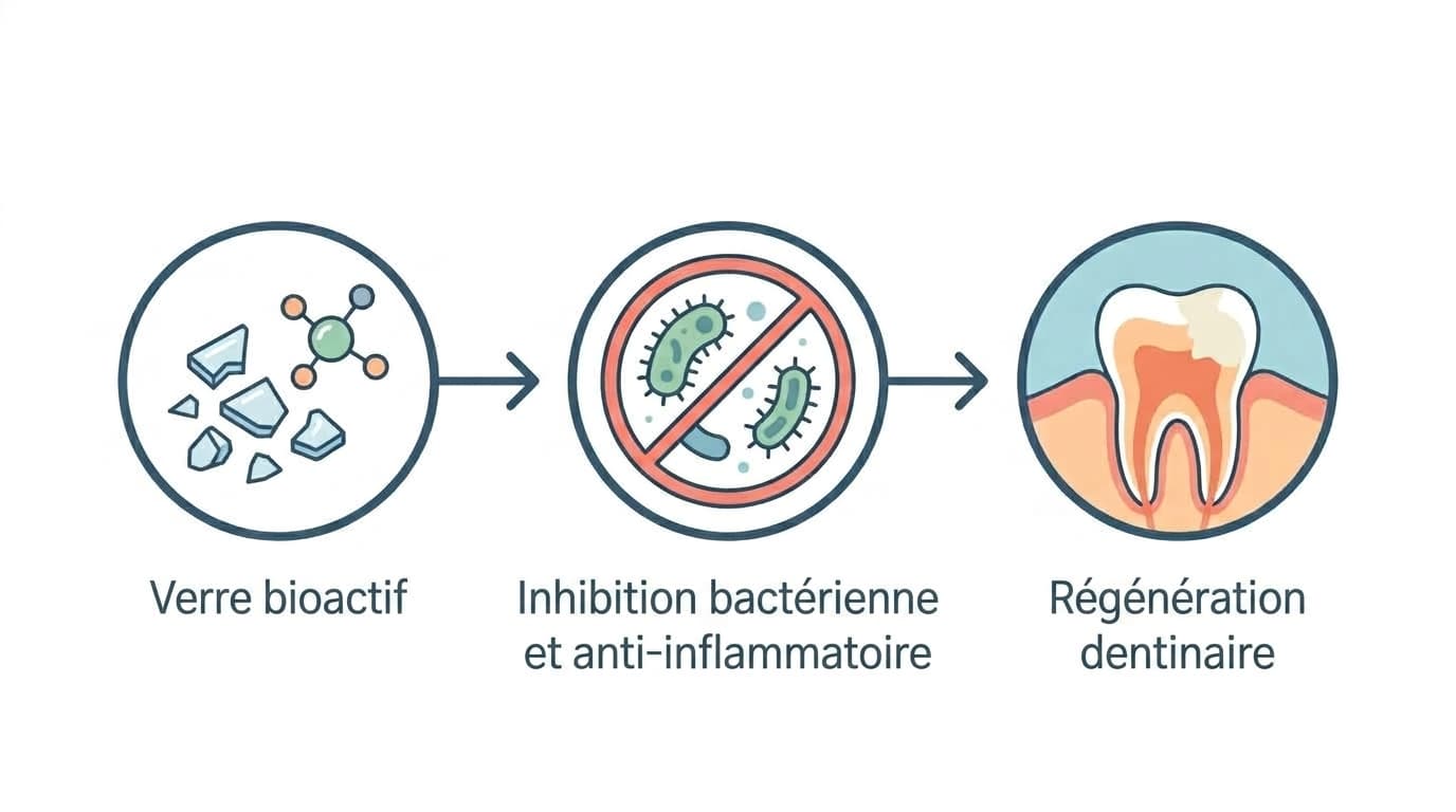 Organigramme en trois étapes montrant comment la libération d'ions à partir du verre bioactif conduit successivement à l'inhibition bactérienne, à la réduction de l'inflammation, puis à la régénération dentinaire