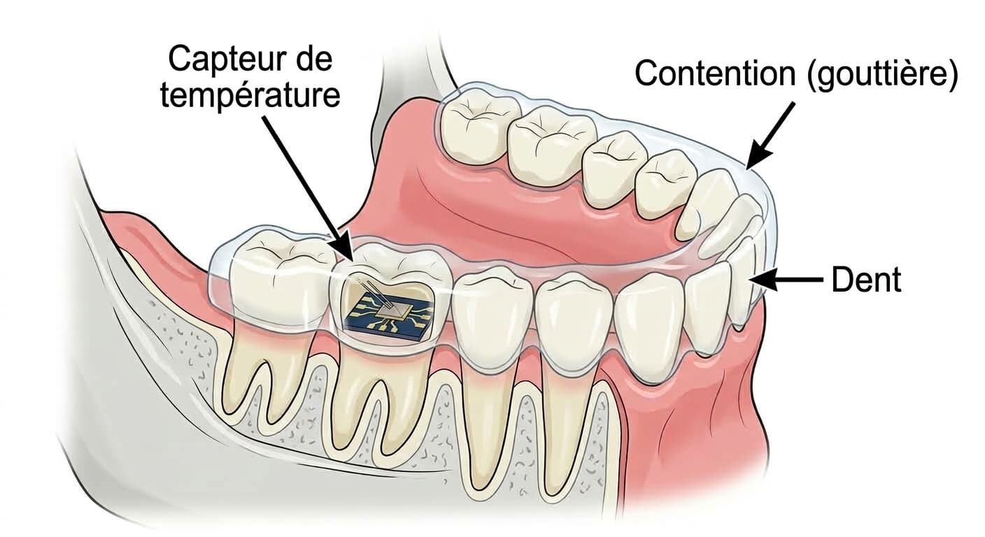 Coupe transversale montrant le capteur de température intégré à l'intérieur du retainer, détectant si l'appareil est porté sur les dents