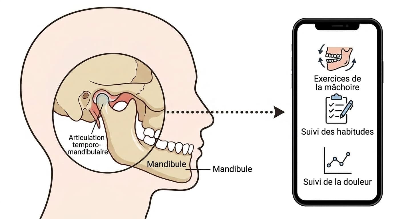 Illustration agrandie de l'articulation temporo-mandibulaire et écran d'application smartphone présentant les fonctions d'exercices de la mâchoire, de suivi des habitudes et de suivi de la douleur