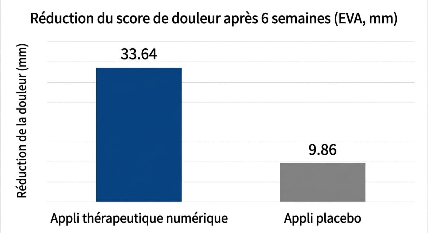 Graphique à barres comparant, dans l'analyse principale portant sur 93 patients ayant reçu un traitement combiné, la réduction du score de douleur après 6 semaines entre l'appli thérapeutique numérique et l'appli placebo