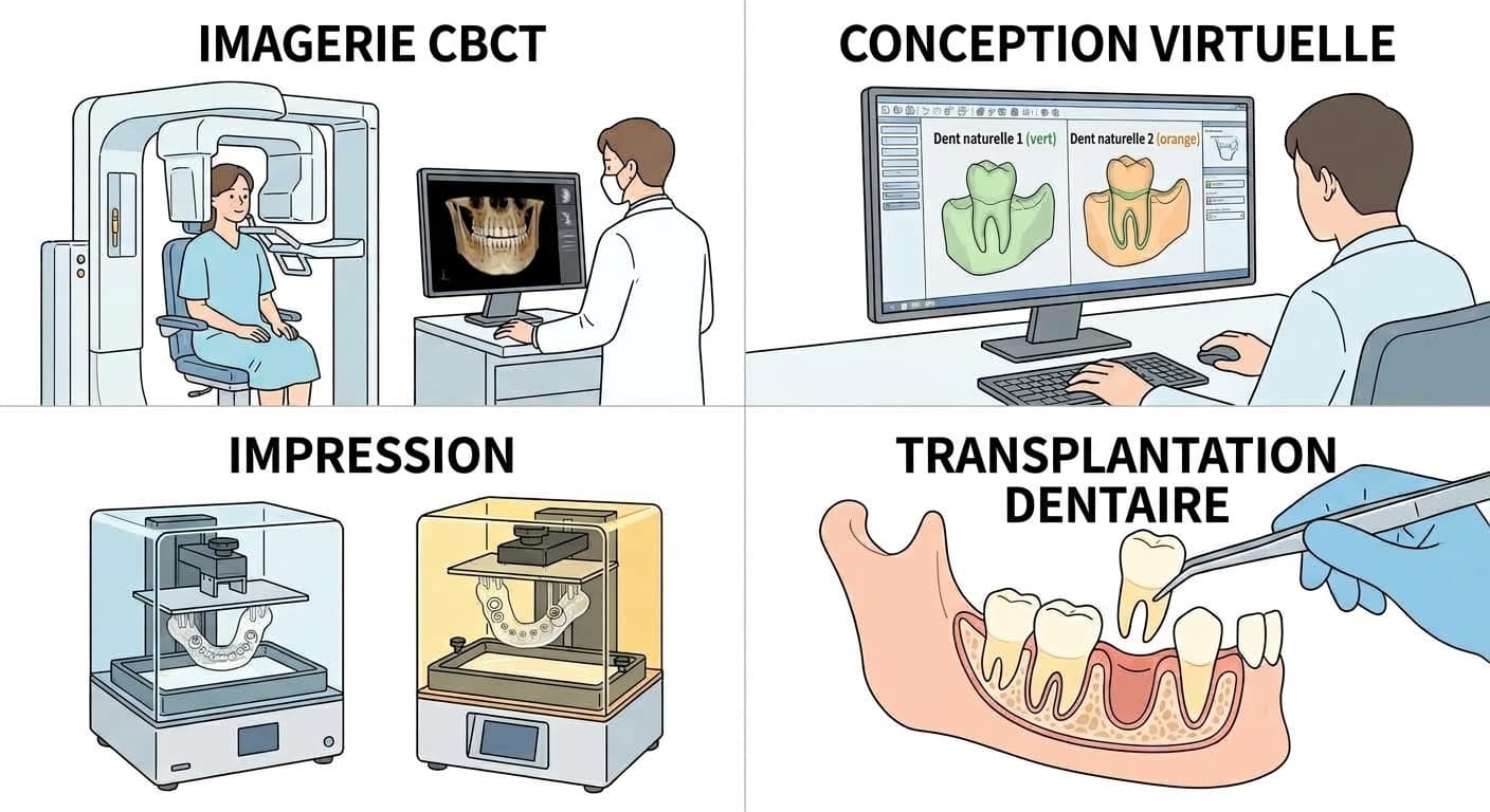 Les quatre étapes qui superposent les données du CBCT et du scanner intra-oral pour concevoir virtuellement l'alvéole, puis réimplantent la dent à l'aide d'un guide chirurgical imprimé en 3D