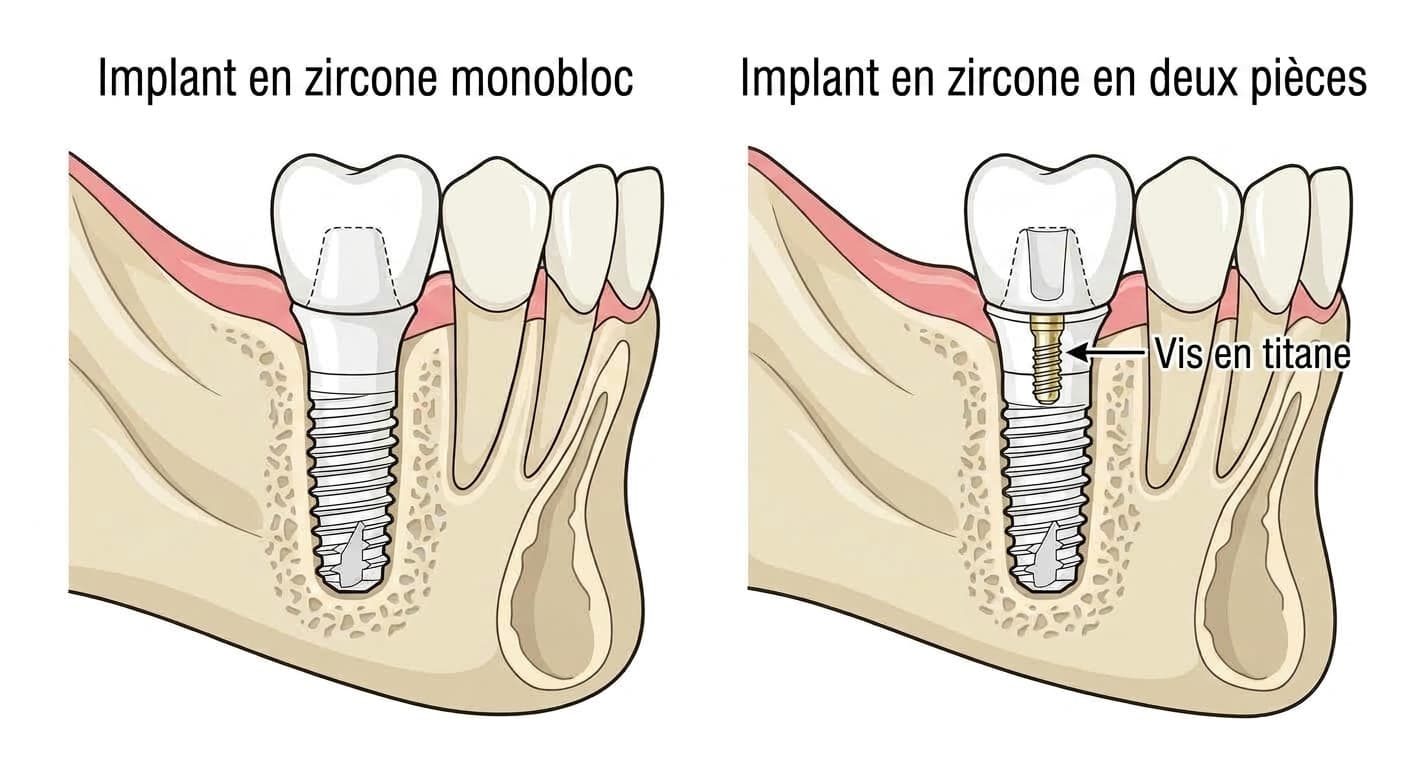 Comparaison de la structure d'un implant en zircone monobloc et d'un implant en zircone en deux pièces. Dans la version en deux pièces, une vis en titane est insérée dans le corps céramique pour fixer la couronne.