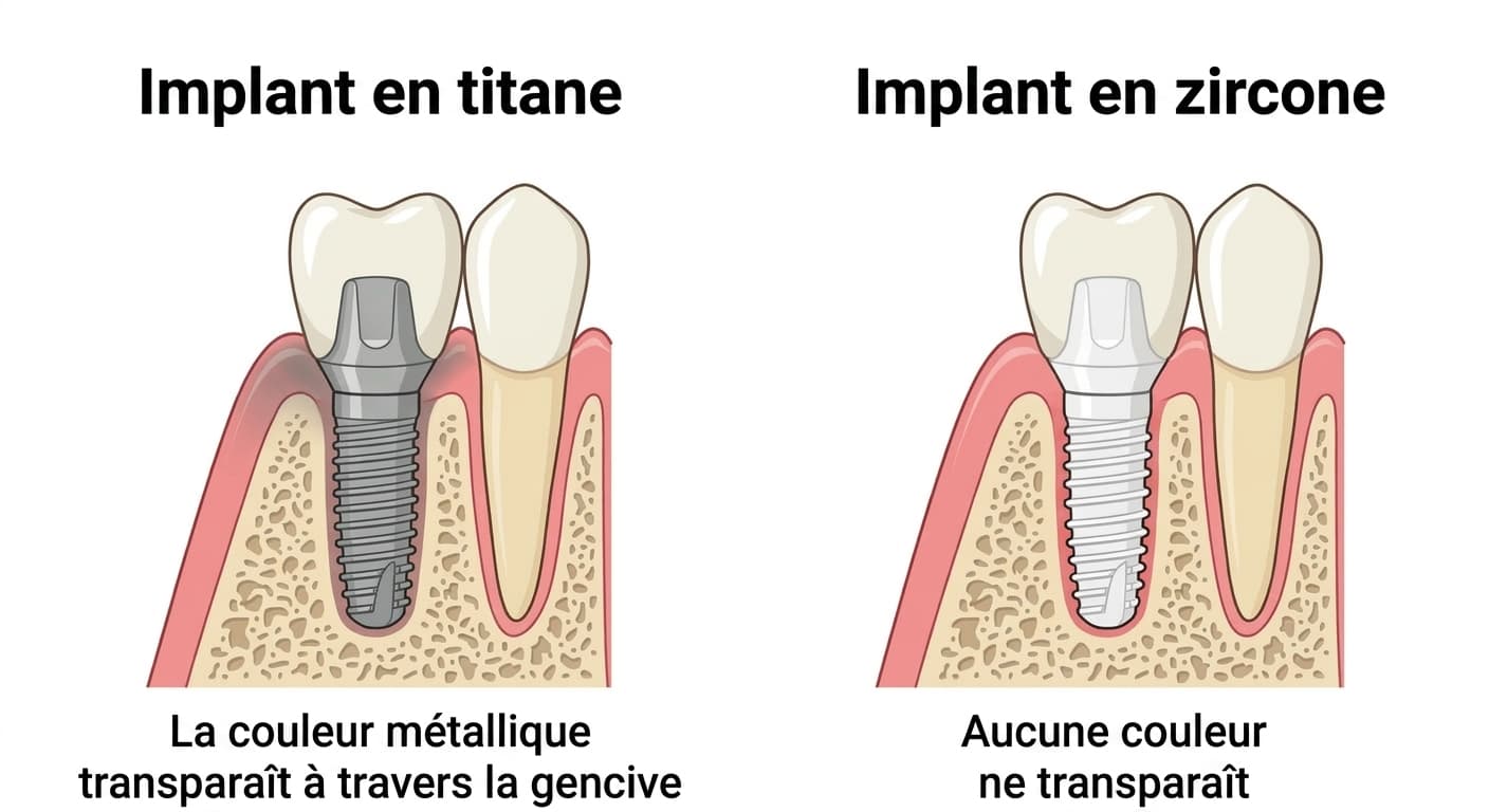 Comparaison de la transparence de la couleur métallique lorsque des implants en titane et en zircone sont posés sous une gencive fine. La couleur métallique transparaît avec le titane, mais pas avec la zircone.
