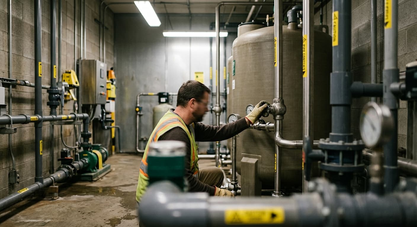 Un technicien vérifie le cadran d'un dispositif d'injection de fluorure dans une installation de traitement de l'eau