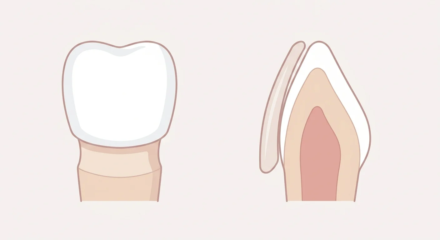 Coupe comparant côte à côte une facette blanche épaisse recouvrant la face de la dent et une facette fine à la teinte proche de la dent naturelle