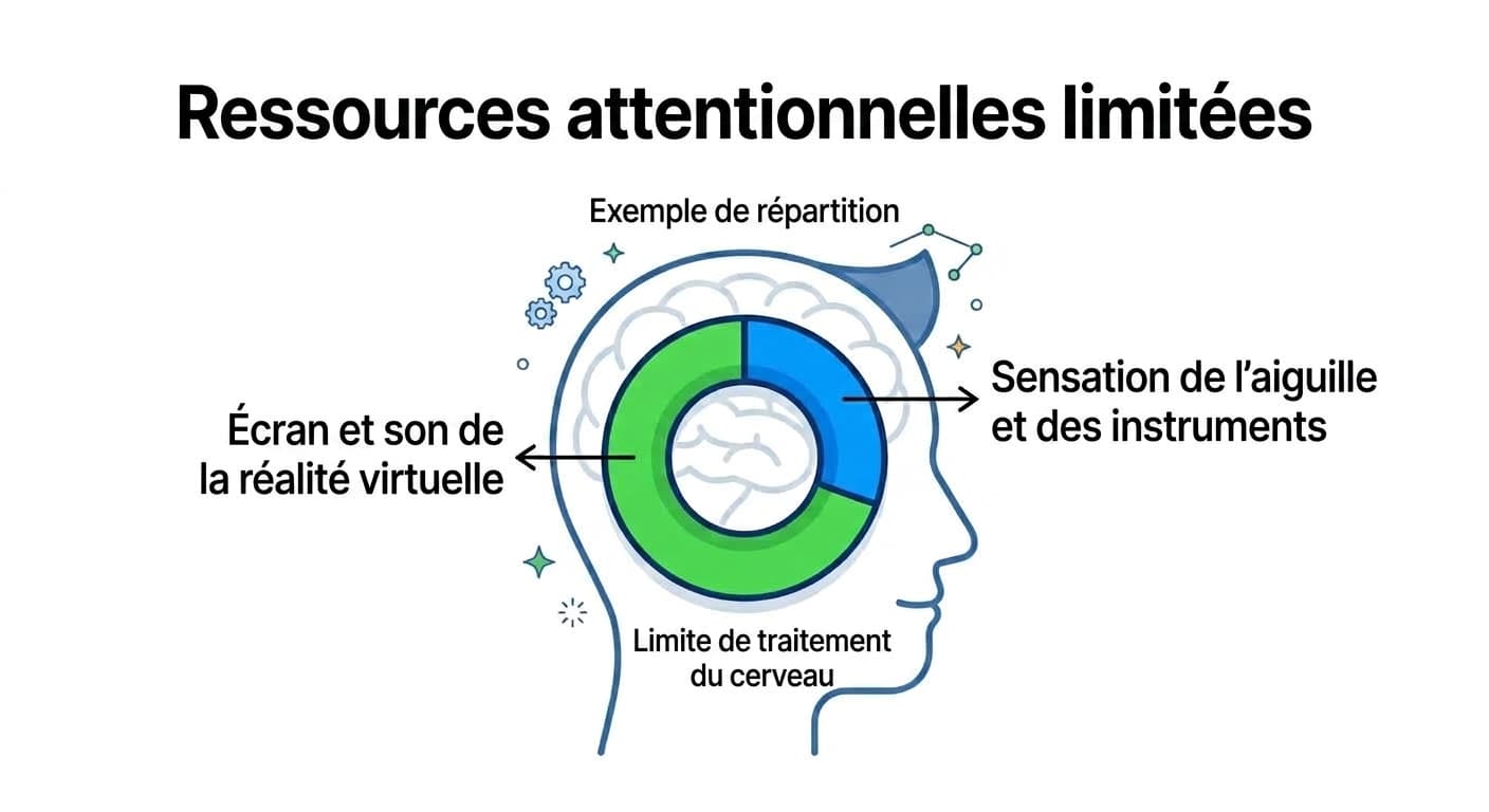 Graphique en anneau montrant que les ressources attentionnelles du cerveau étant limitées, plus l'attention est mobilisée par l'écran et le son de la réalité virtuelle, moins il en reste pour la sensation de l'aiguille et des instruments