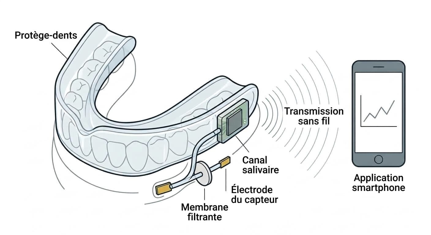 Structure dans laquelle l'électrode du capteur et la membrane filtrante intégrées au protège-dents transmettent les valeurs par voie sans fil au smartphone via la salive