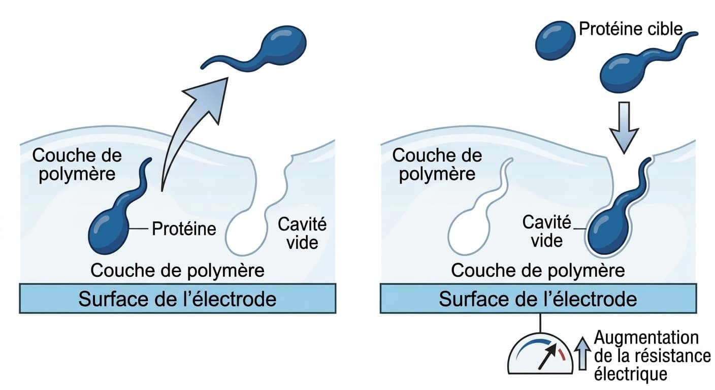 Processus par lequel la protéine cible quitte la couche de polymère sur l'électrode en laissant une cavité vide, puis la résistance électrique augmente lorsque la même protéine vient de nouveau s'y loger