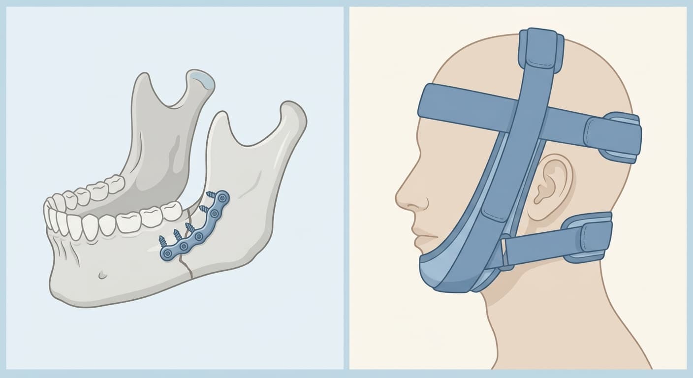 À gauche, vue en coupe d'une mandibule fixée par une plaque métallique ; à droite, profil d'une personne portant une attelle à sangles qui enveloppe la tête et la mâchoire