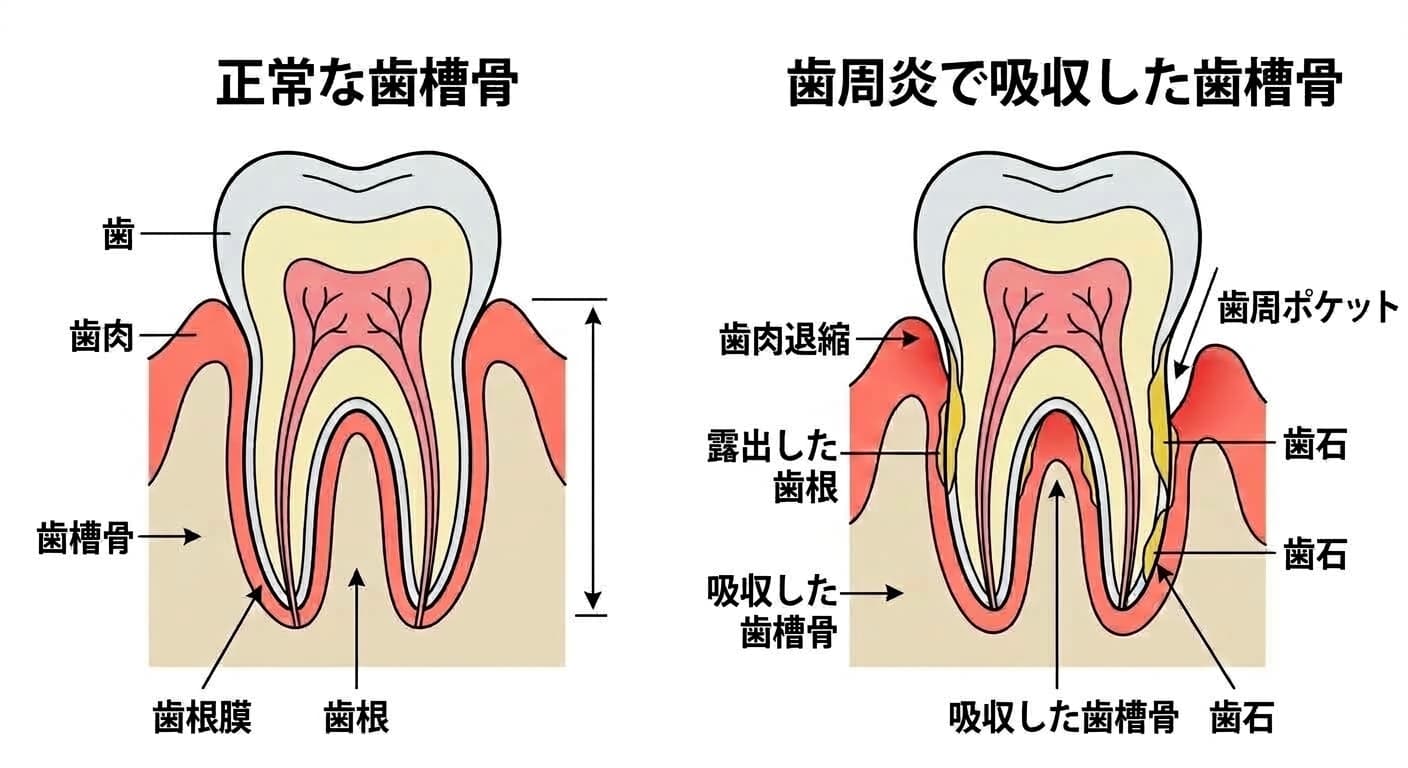 正常な歯槽骨と歯周炎で吸収した歯槽骨を並べて比較した歯の断面図