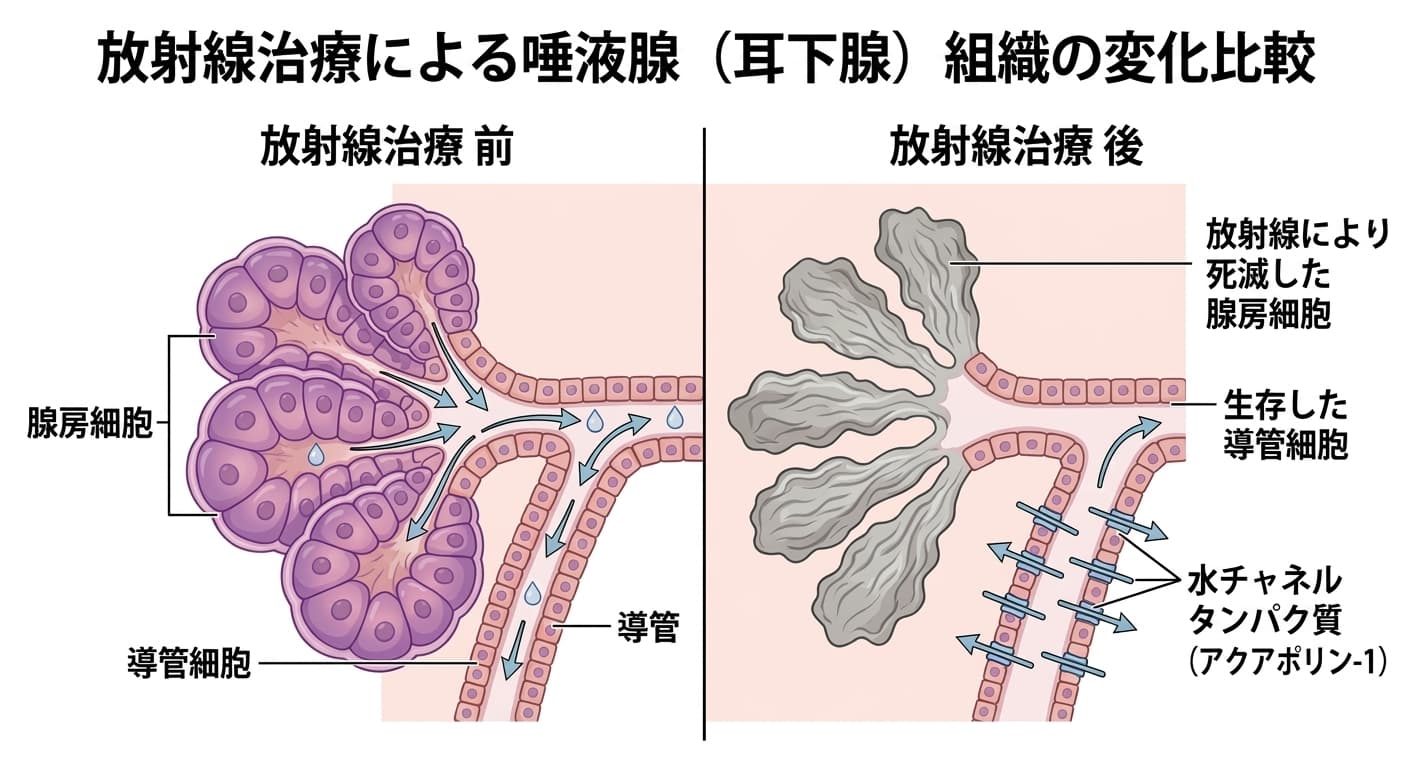 放射線治療によって腺房細胞は死滅し導管細胞のみが残る変化と、導管細胞に水チャネルタンパク質を組み込んで唾液を作る原理を比較した図