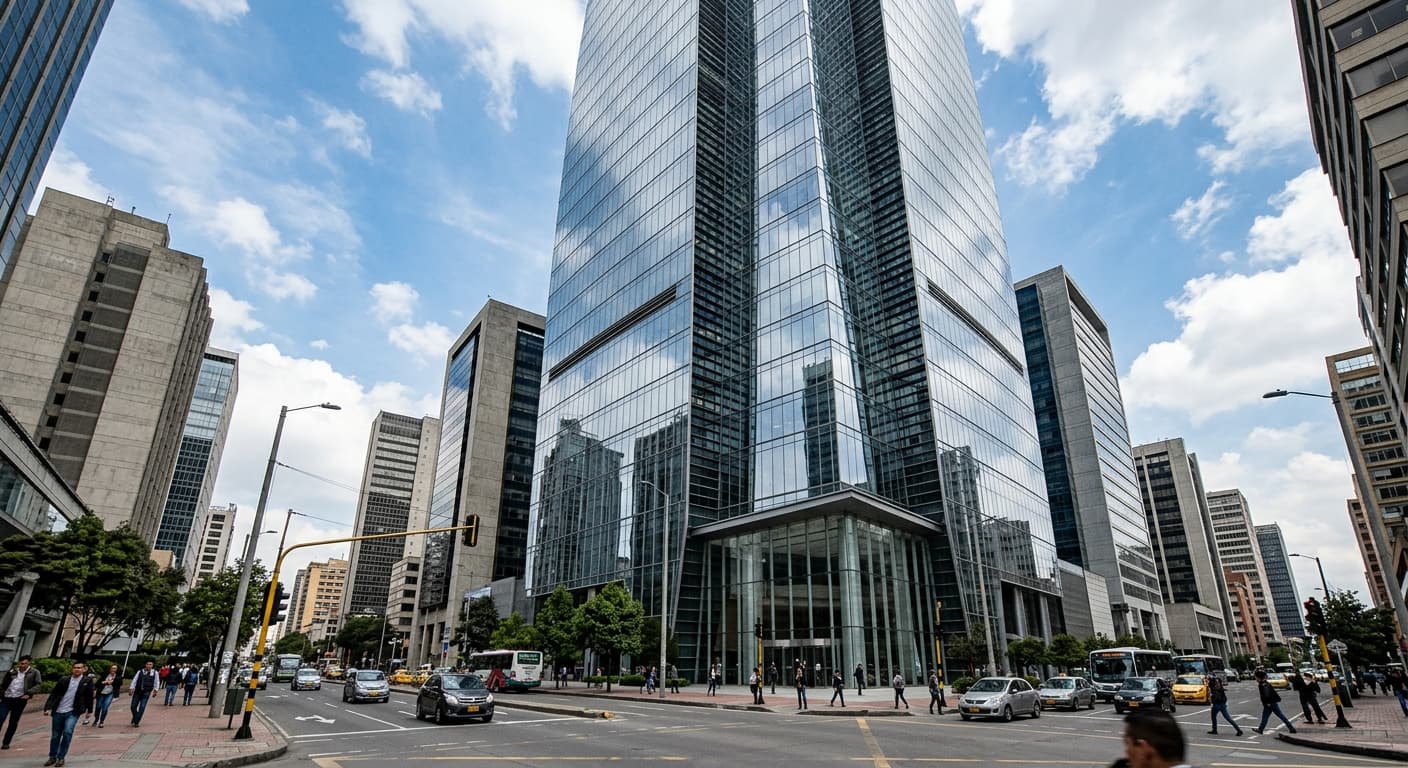 ガラス張りの高層金融街ビルとその前を行き交う人々