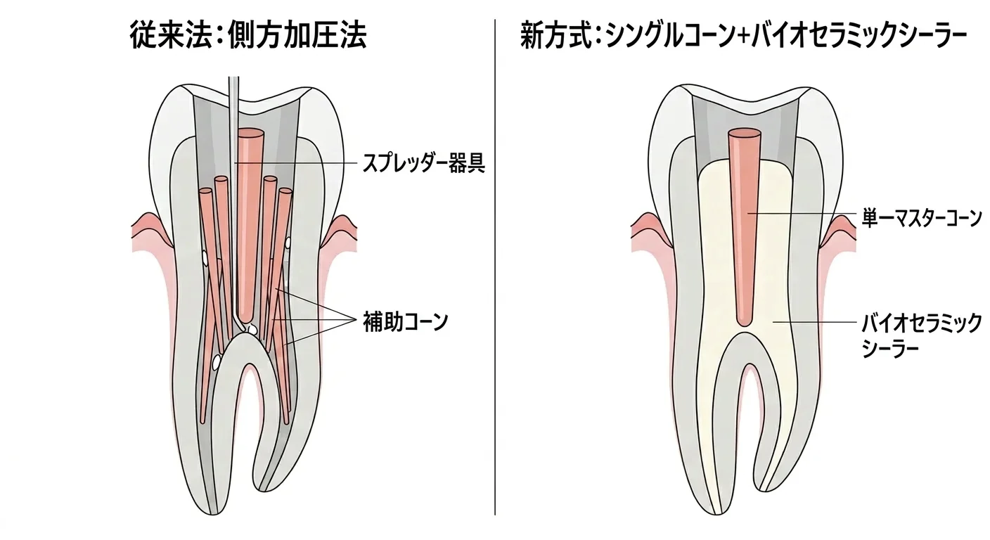 根管を満たす2つの方式の比較。左は複数の補助コーンをスプレッダーで加圧して詰め込む従来の側方加圧法、右はコーン1本と流動性のあるバイオセラミックシーラーで隙間を満たす新方式を示す。
