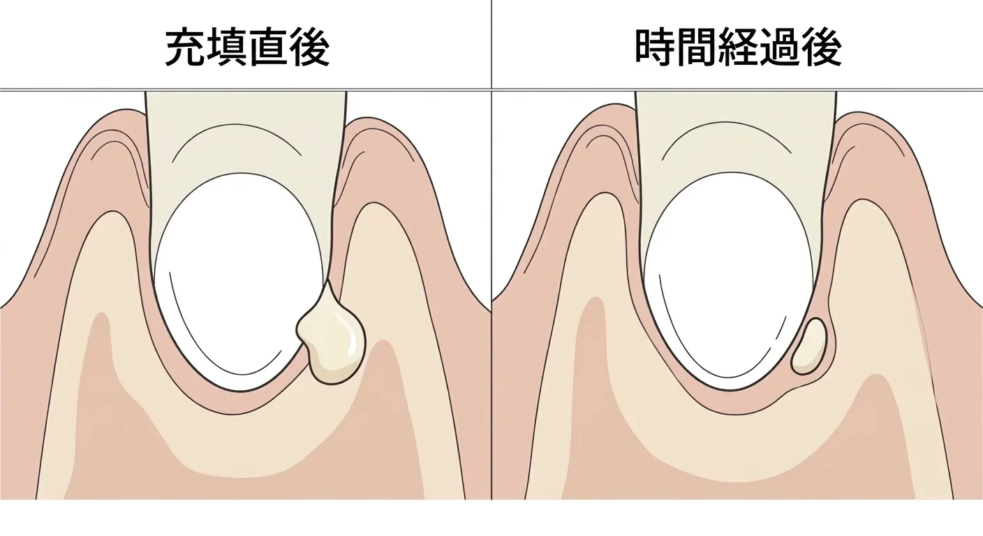 根尖の外に漏れ出たバイオセラミックシーラーが時間の経過とともに縮小していく様子を示す図。