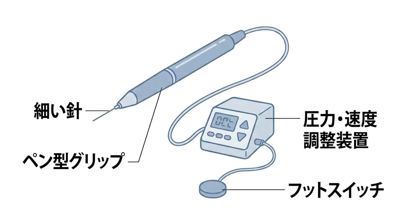 ペン型のグリップと細い針、そして圧力・速度調整装置とフットスイッチで構成されたコンピュータ制御麻酔装置の構造を示す図