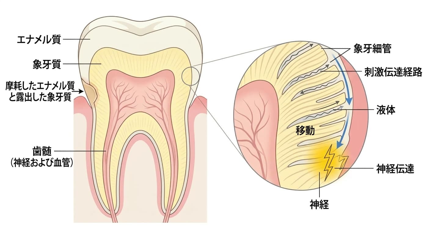 歯の断面でエナメル質と象牙質、歯髄の位置、そして象牙細管内の液体の移動が神経を刺激する流体力学理論の原理を拡大して示す図