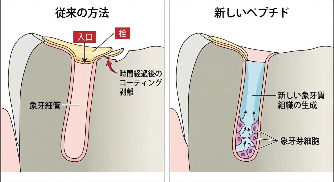 象牙細管の入口を塞ぐコーティングが時間とともに剥がれ落ちる従来の方式と、象牙芽細胞が再び活性化して象牙細管の内側から新しい象牙質を満たしていくペプチド方式を並べて比較した図