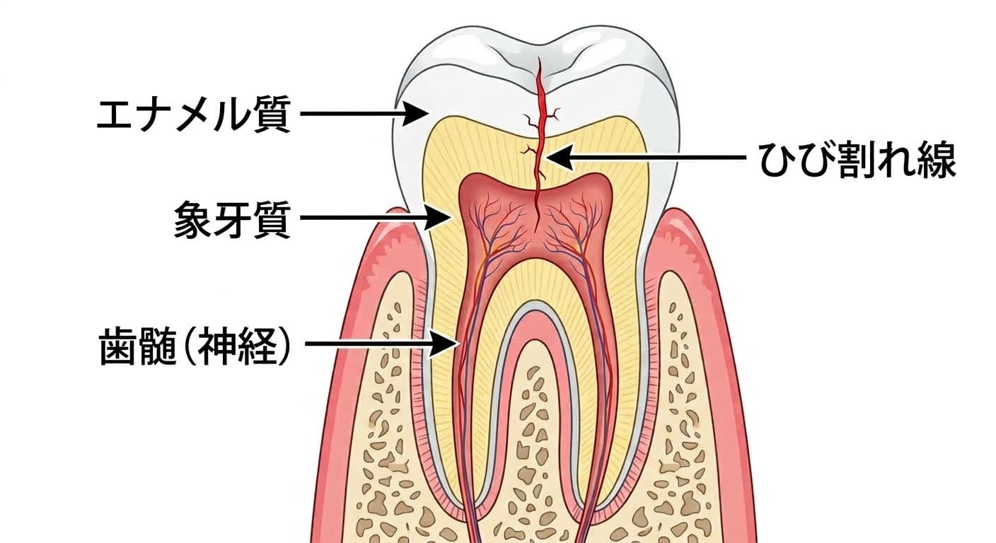 奥歯の断面で、噛み合わせ面から神経まで伸びるひび割れ線を示した図