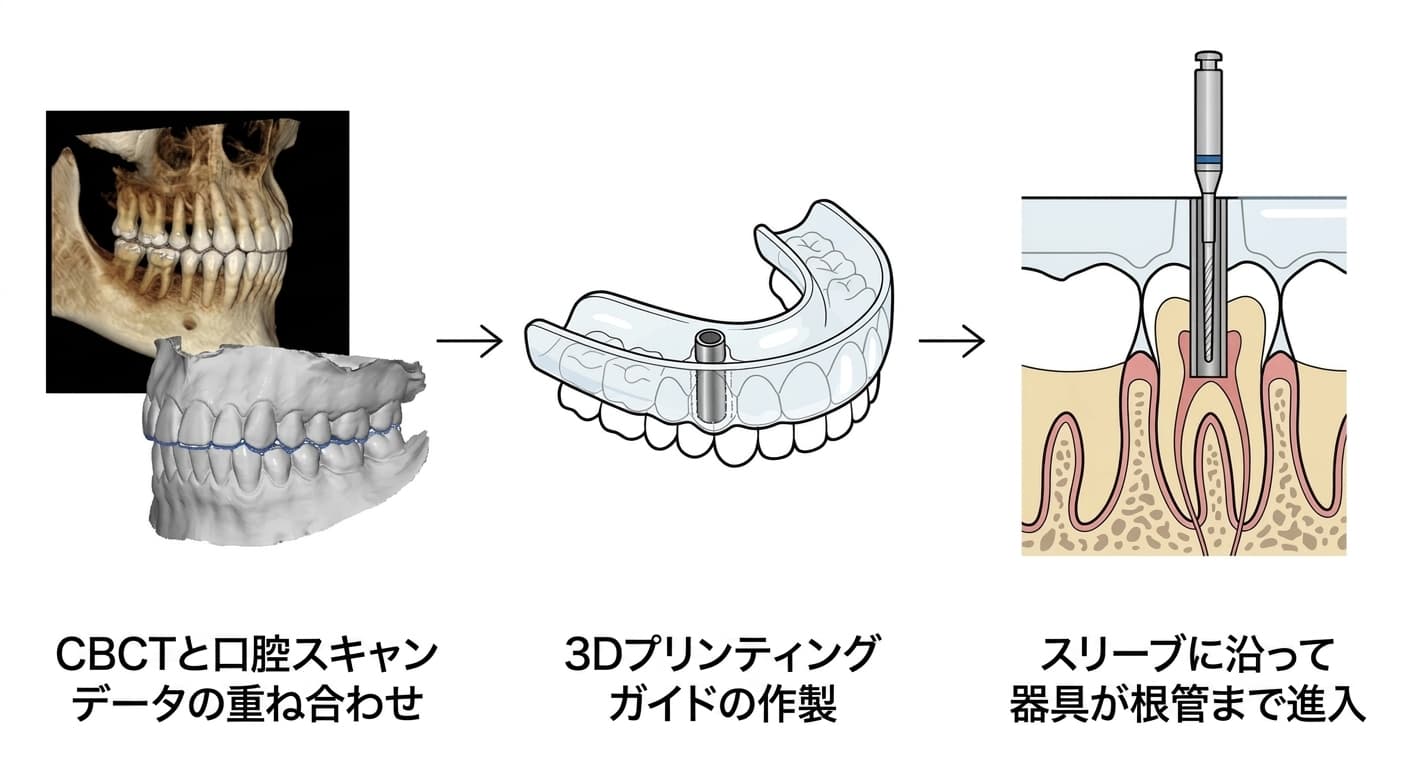 CBCTと口腔スキャンデータを重ね合わせて3Dプリンティングガイドを作り、ガイドにはめ込んだ金属スリーブに沿って器具が根管まで進入する3段階の過程を示す模式図