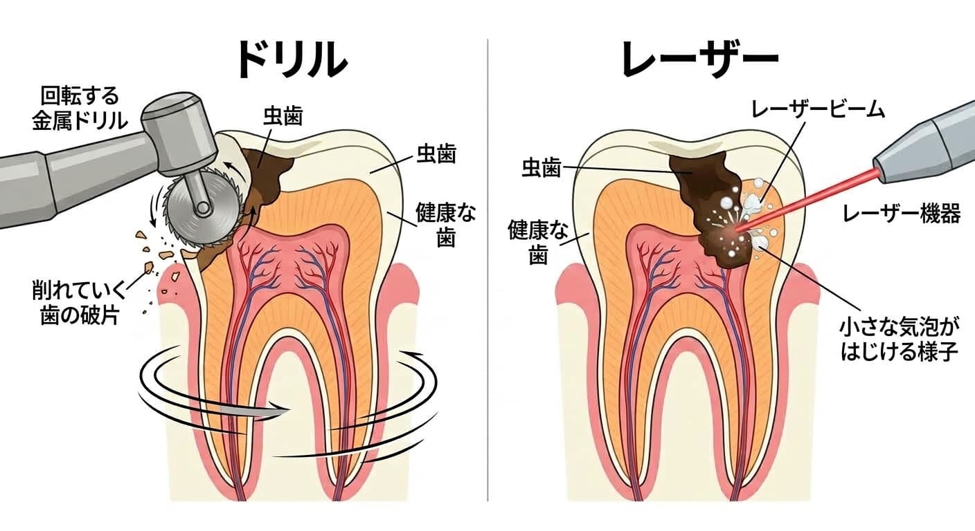 ドリルは回転する刃で虫歯と健康な歯を一緒に削り、レーザーは水分の多い虫歯組織だけに吸収されて小さな気泡がはじけるように除去される