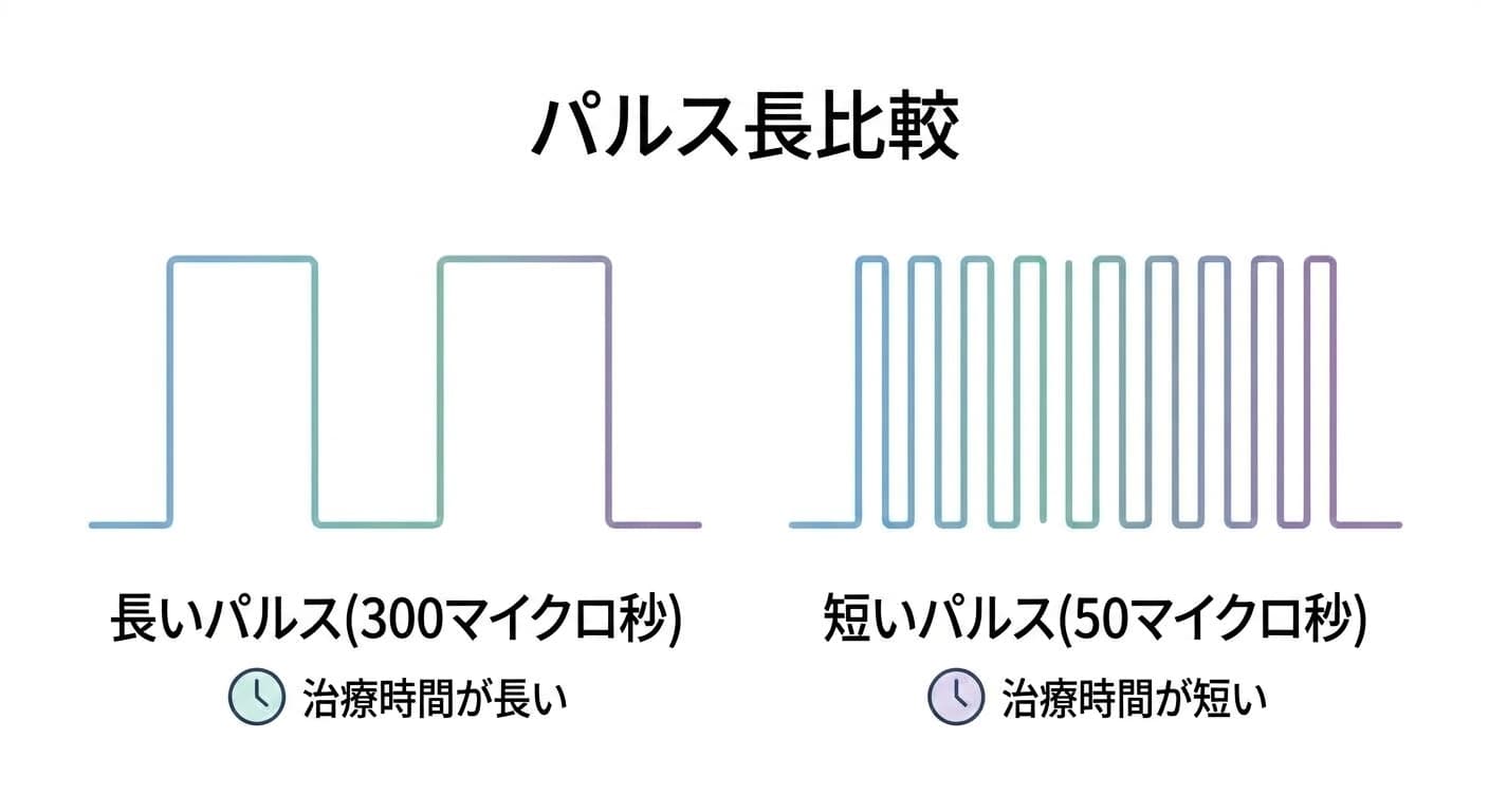 パルスを長く照射すると治療時間が長くなり、短く頻繁に照射すると治療時間が短くなる