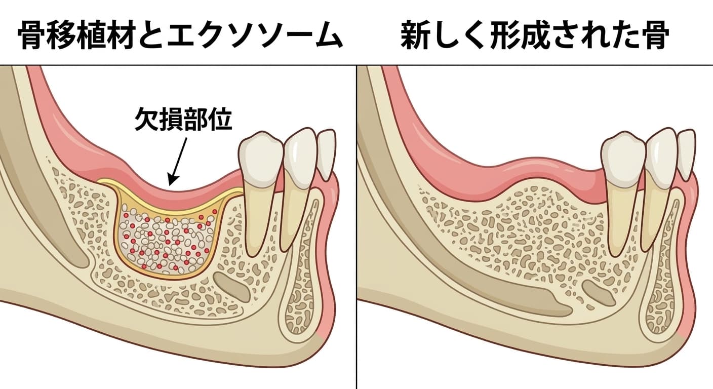 顎骨の欠損部位に骨移植材とエクソソームを充填した様子と、数か月後にその部位に新しい骨が形成された様子を並べて比較した断面図