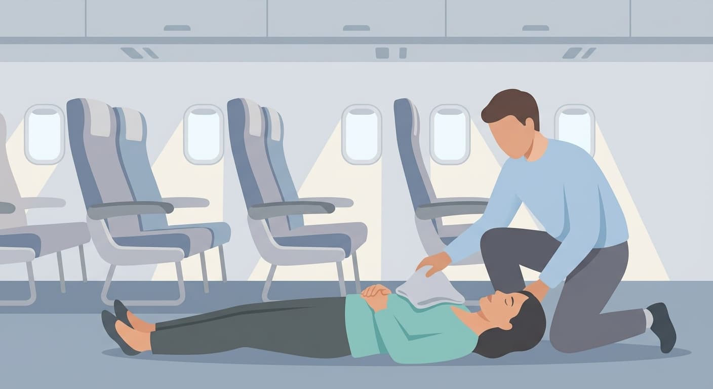 飛行機の機内通路で、ある人が倒れた別の人の手当てをしながら止血している様子