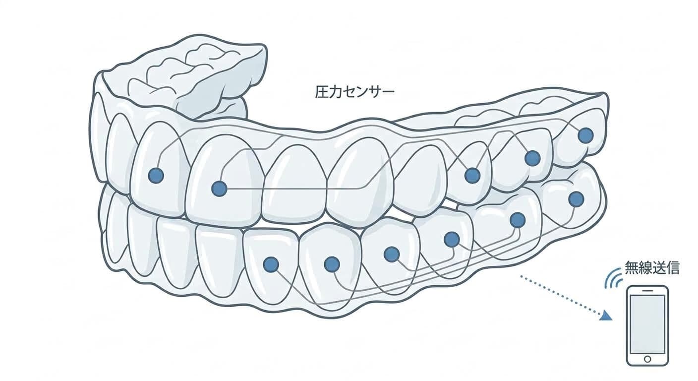 アライナー表面の複数の箇所に埋め込まれた圧力センサーと、その信号がスマートフォンへ無線送信される様子を示した概念図