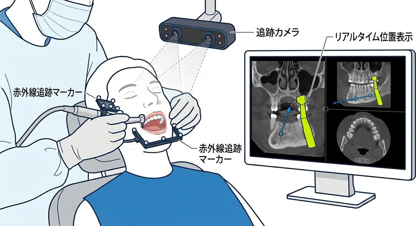 赤外線追跡マーカーとカメラを用いて、バーの位置をCBCT画像上にリアルタイムで表示する動的ナビゲーションシステム