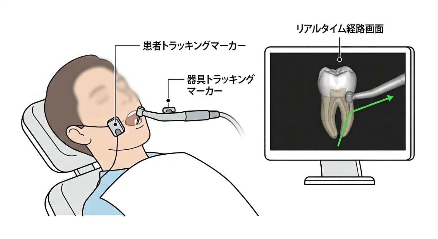 患者と歯科用ハンドピースに取り付けられた追跡マーカー、そして画面に表示される歯の3次元画像上のリアルタイムドリル経路を示す図