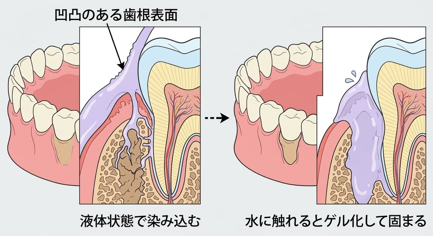 歯根表面の隙間に液体状の材料が染み込む様子と、水に触れてゲル化し密着する様子を並べて示す断面図