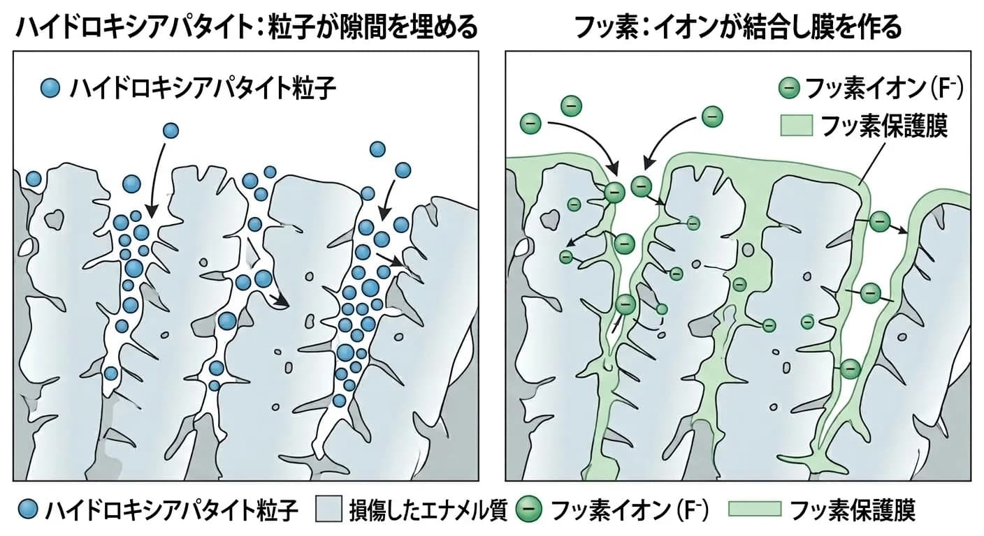 エナメル質表面の微細な孔をハイドロキシアパタイト粒子が直接埋める仕組みと、フッ素イオンが結合して保護膜を作る仕組みを並べて比較した図