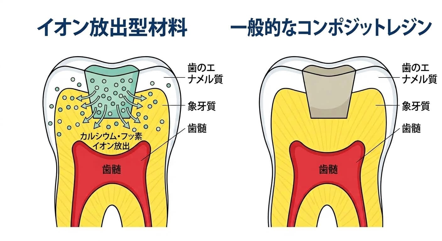 イオン放出型充填材と一般的なコンポジットレジンを比較した歯の断面図。材料によって放出するイオンは異なり、理解を助けるための概念図