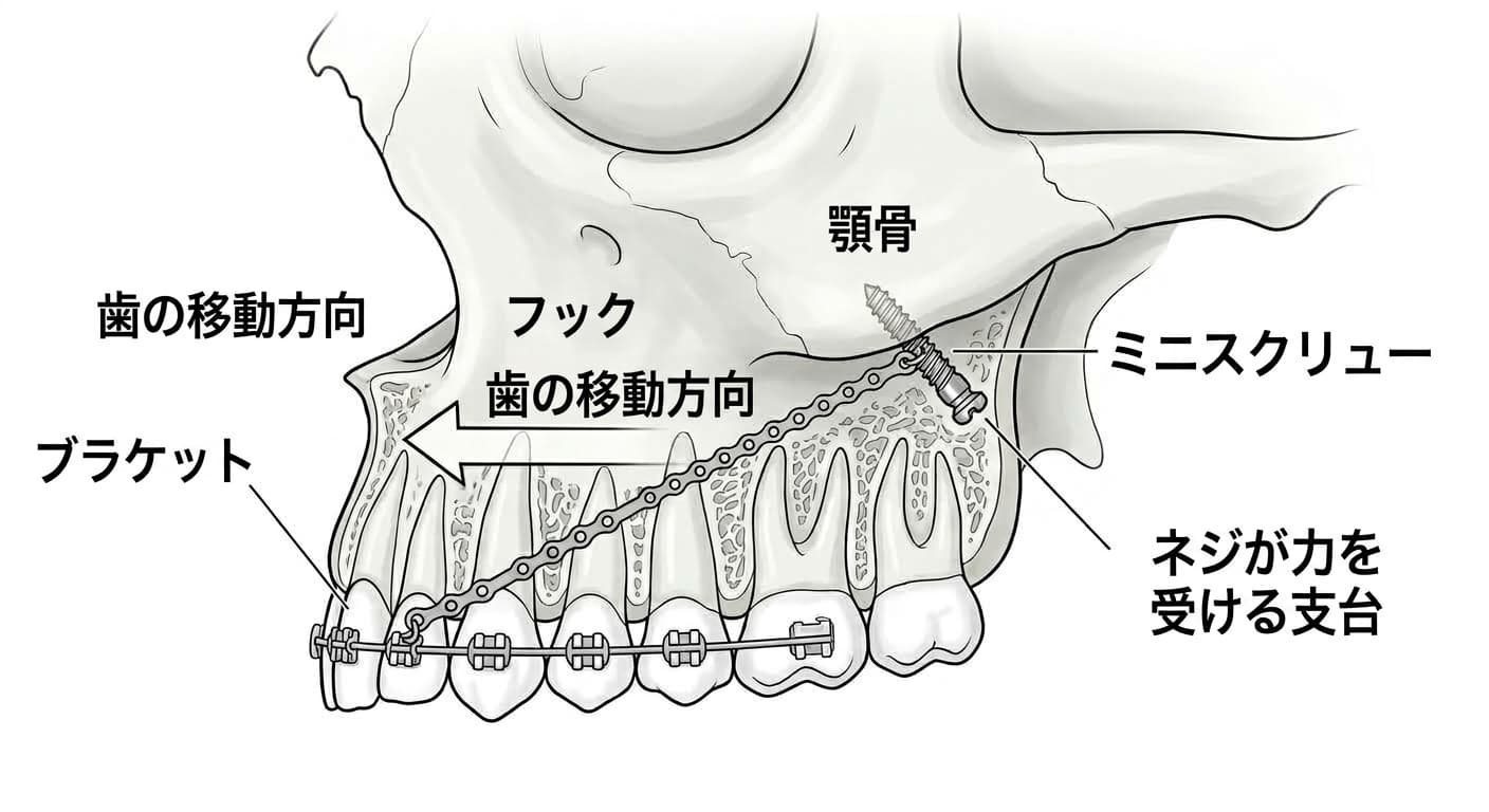 上顎大臼歯の後方の骨に小さなネジを斜めに埋め込み、そのネジに鎖をかけて歯列全体を後方に引く様子を示した図解