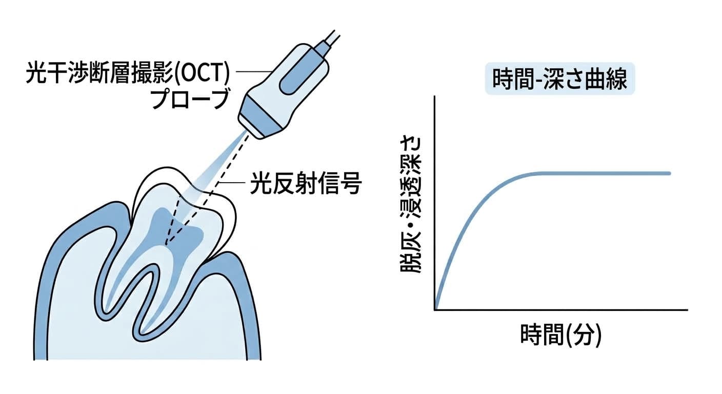 光干渉断層撮影(OCT)プローブが歯に光を照射し、反射信号で脱灰・浸透の深さを測る原理と、時間とともに深さが増えてから止まる時間-深さ曲線