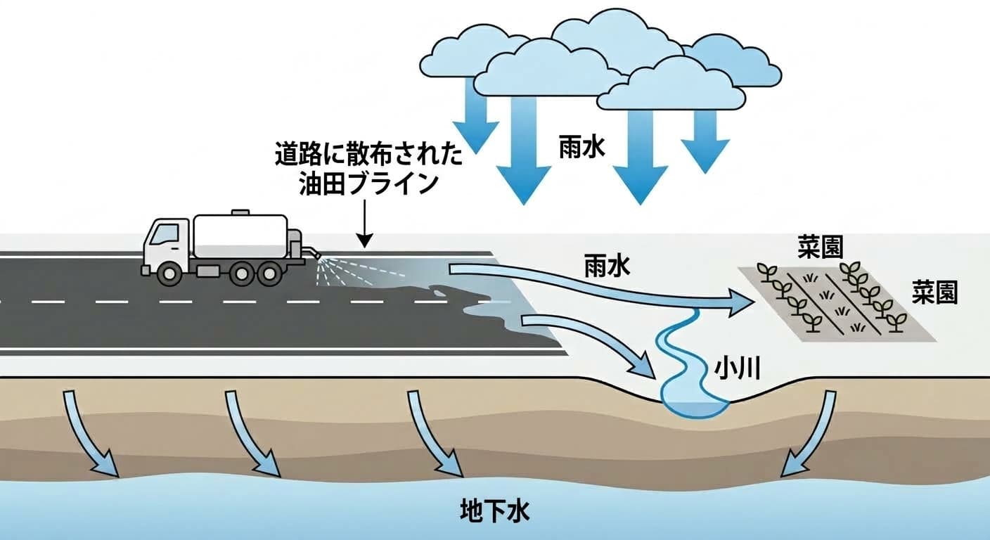 散布トラックが道路にオイルフィールドブラインを散布し、雨水がそれを洗い流して菜園や小川、地下水へ運ぶ過程を示した概念図