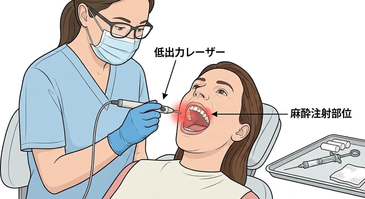 歯科医師が麻酔注射を打つ前に、小さな低出力レーザー装置を患者の歯茎に当てている