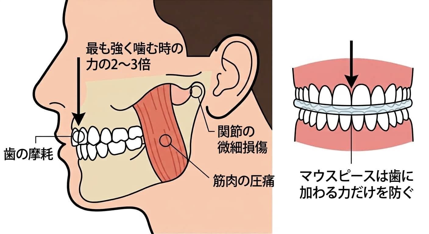 最も強く噛むときの力の2~3倍に達する歯ぎしりの力が、歯の摩耗・筋肉の圧痛・顎関節の微細損傷につながることを示し、マウスピースは歯に加わる力だけを防ぐという概念図