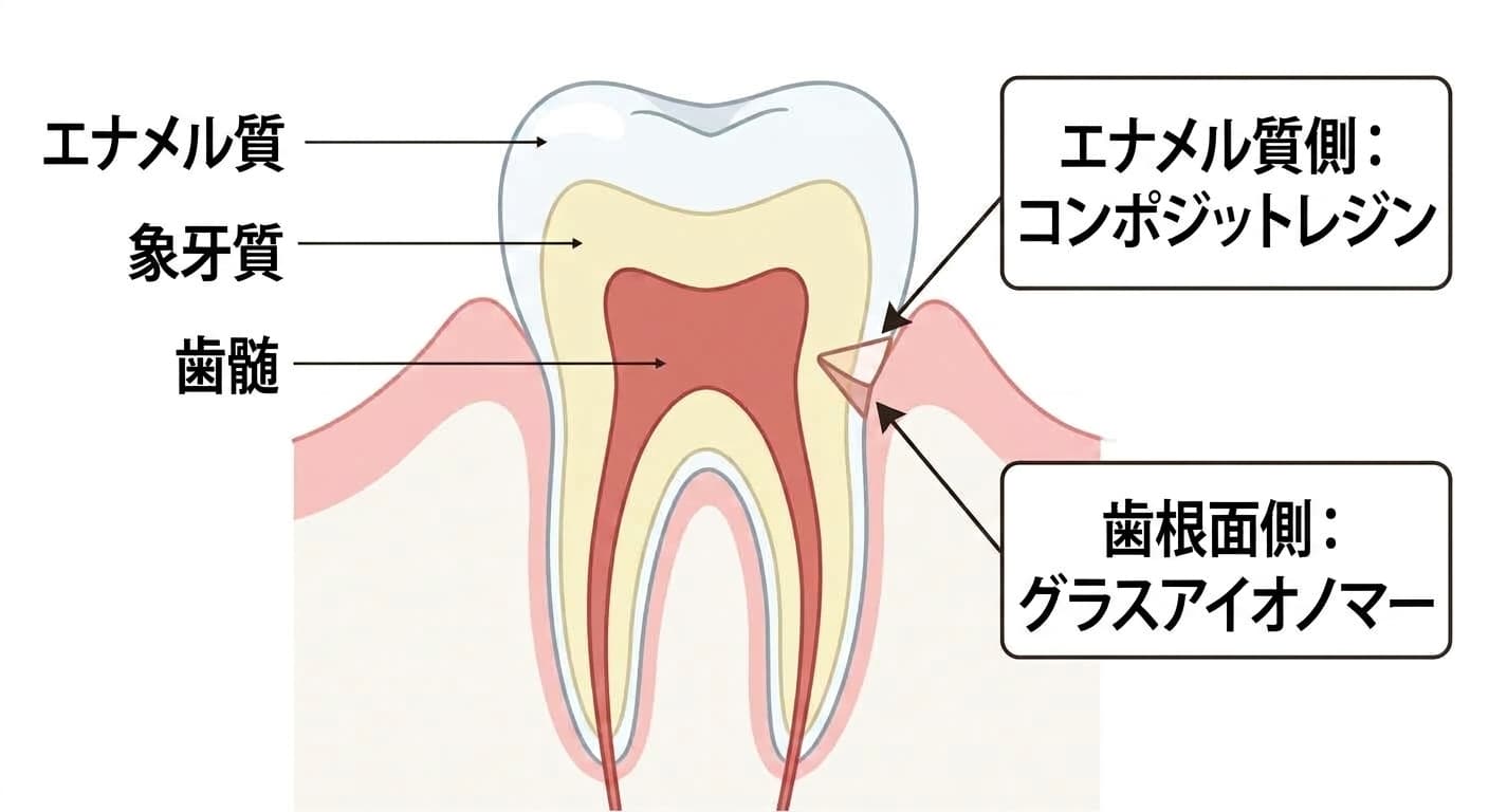 歯頸部に生じたくさび状欠損をエナメル質側と歯根面側に分け、位置に応じてコンポジットレジンとグラスアイオノマーのどちらを検討するかを矢印で示した図