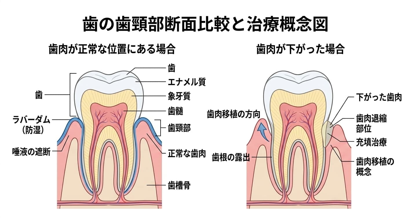 歯肉が正常な位置にある場合と歯肉が下がった場合を並べて比較し、後者では歯肉移植と充填治療を併せて検討する概念を示した図