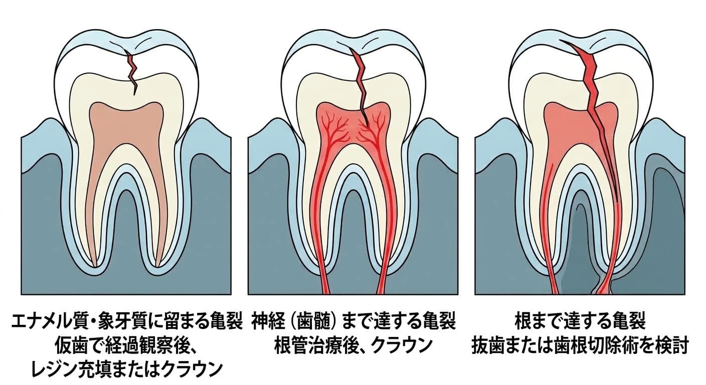 ひびがエナメル質と象牙質にとどまる場合、神経まで達する場合、根まで達する場合によって異なる治療方針を示す歯の断面比較図