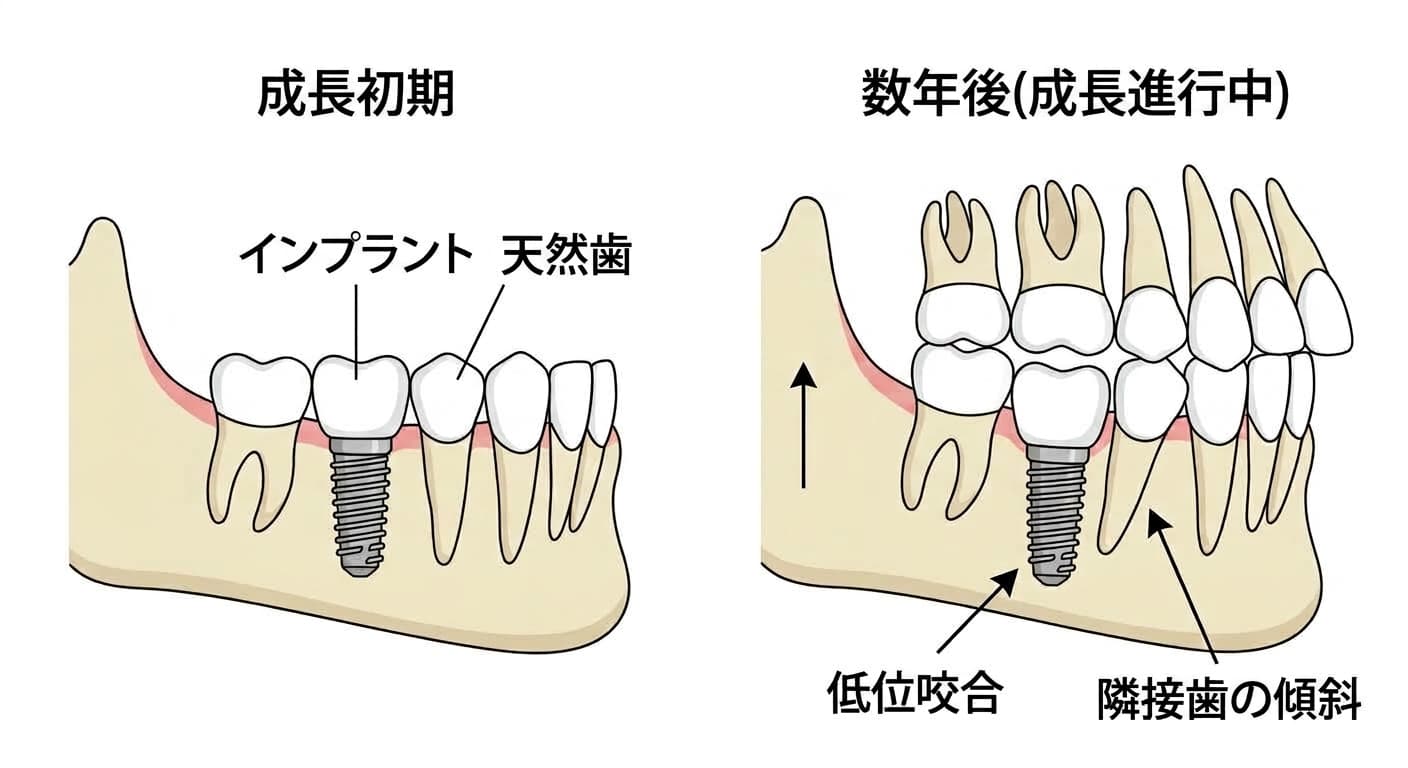 成長初期と数年後を比較した図。天然歯は顎骨とともに上へ移動するが、インプラントは元の位置にとどまり低位咬合と隣接歯の傾斜が現れる