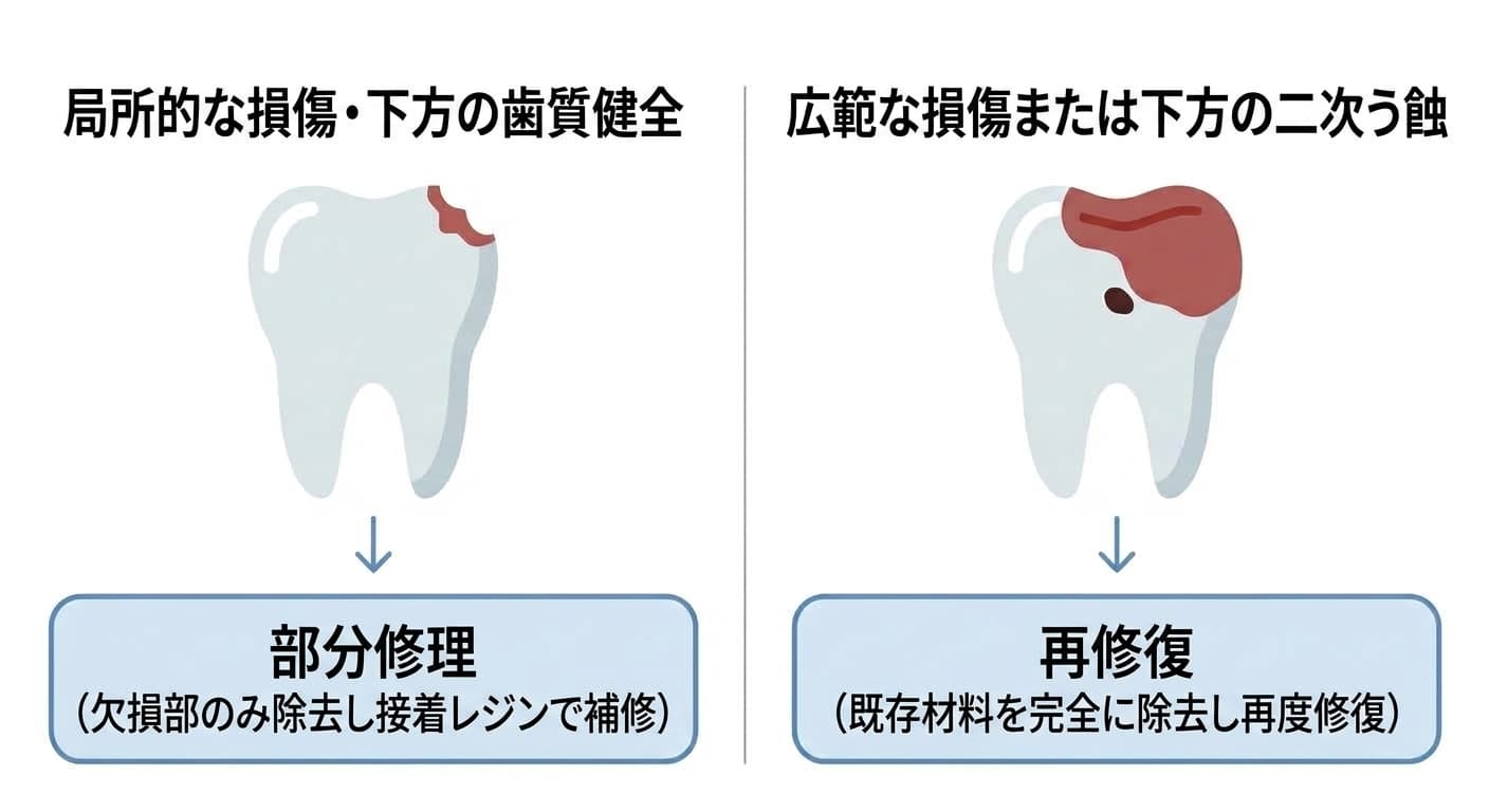 局所的な損傷で下方の歯質が健全であれば欠損部のみを除去し接着レジンで補修する部分修理に、損傷が広いか下方に二次う蝕がある場合は既存の材料を完全に除去して再度修復する再修復に分かれることを比較した図