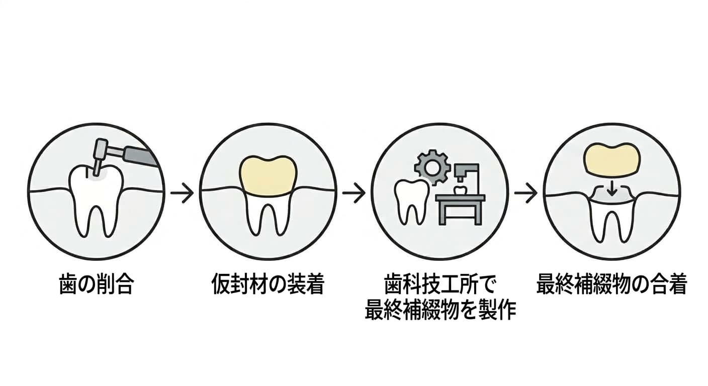 歯の削合から仮封材の装着、技工所での最終補綴物の製作、最終補綴物の合着まで続く四段階の過程を示す図