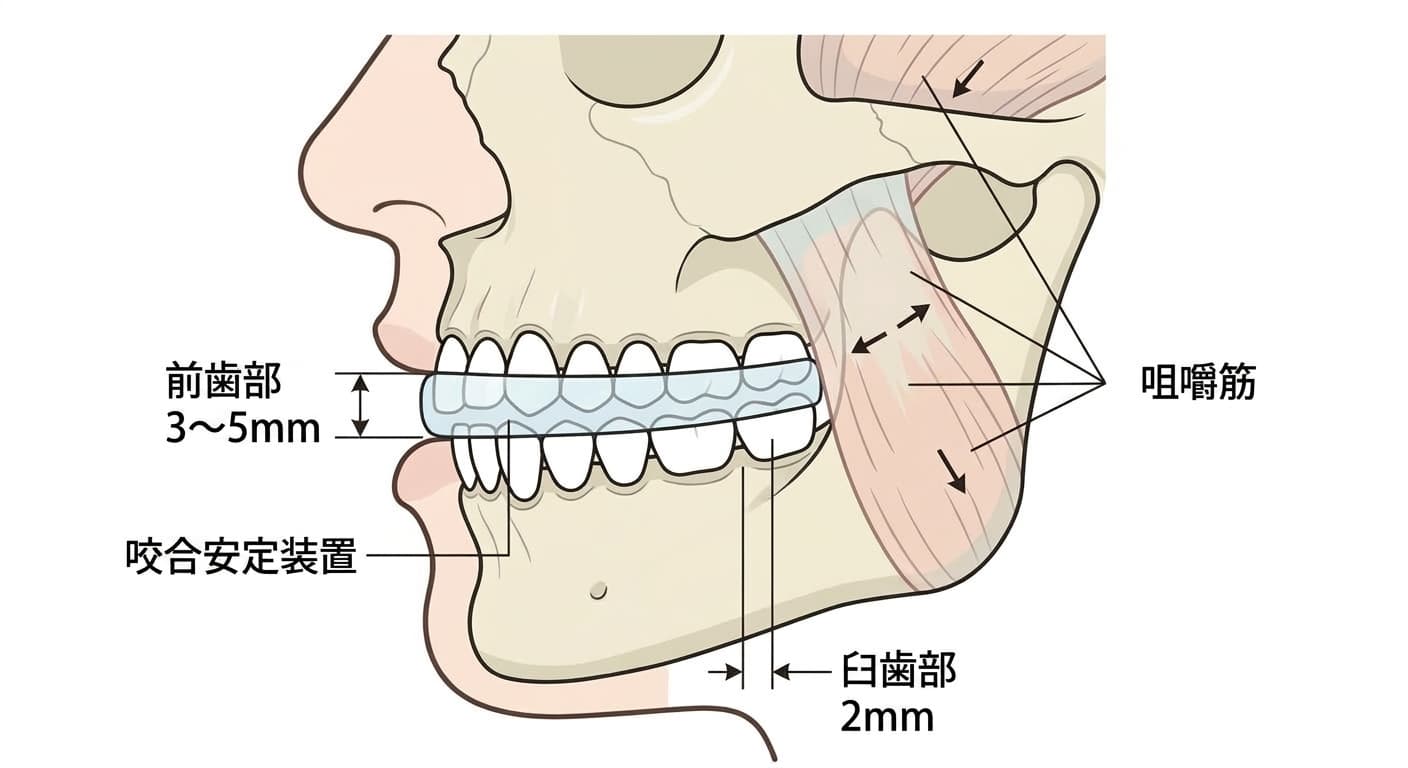 咬合安定装置を装着した状態で、前歯と奥歯部分が開く程度、咀嚼筋部分を併せて示す概念図