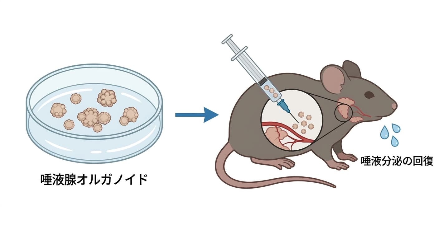 唾液腺オルガノイドを培養皿で育てた後、マウスの唾液腺部位に移植して唾液分泌を回復させる過程を示す図
